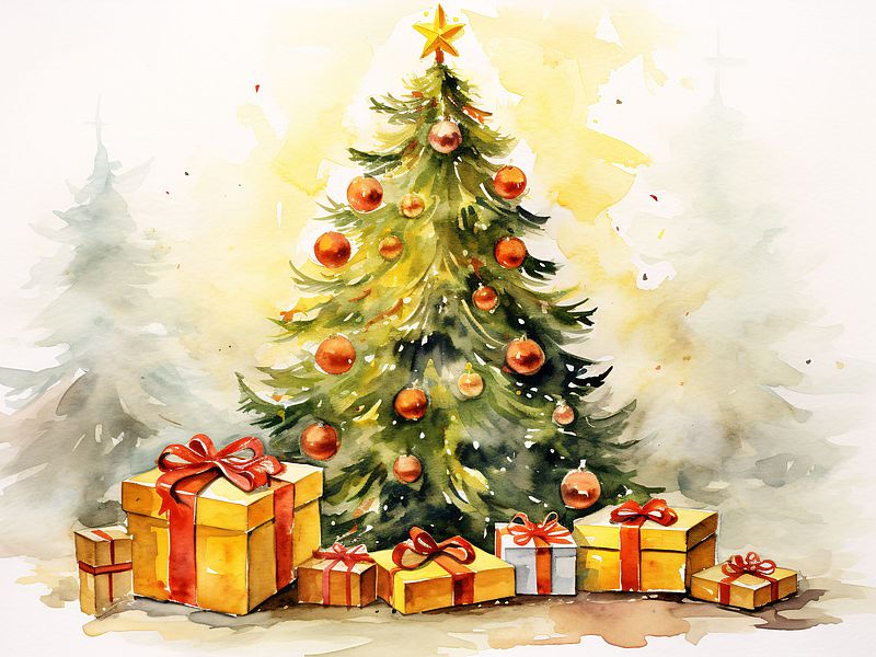 a watercolor of a christmas tree with presents Abbildung eines Weihnachtsbaumes