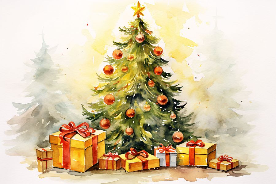 a watercolor of a christmas tree with presents Abbildung eines Weihnachtsbaumes